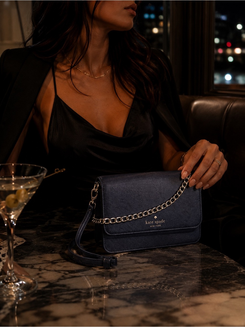 Kate Spade Madison Saffiano Leather Crossbody Navy Silver Chain NWT